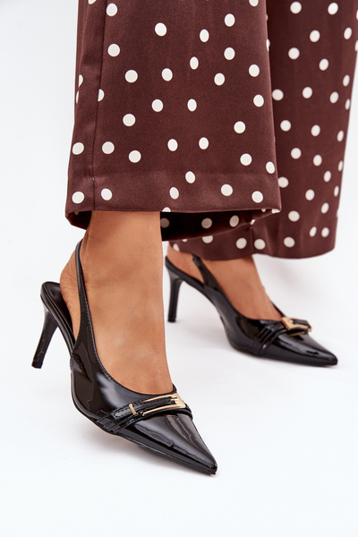 Lakované Lodičky Na Podpatku Se Zlatou Přezkou Černé Vivae