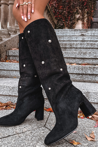 Dámské kozačky s izolací na podpatku s ozdobnými detaily černé Lucinda