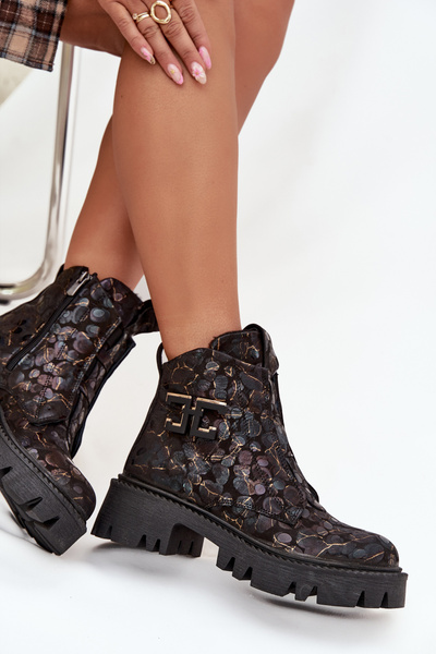 Kožené dámské kotníčkové boty s ozdobou zateplené Artiker 57C2084 Černo-zlaté