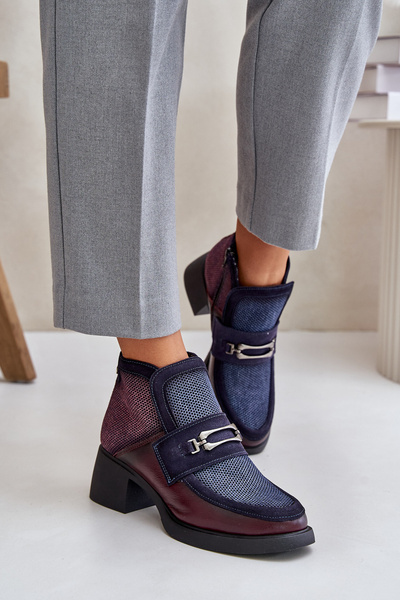 Kožené dámské kotníkové boty na masivním podpatku s ozdobou Maciejka A6747-23 bordovo-tmavě modré