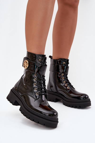 Lakované boty worker dámské se zlatým detailem zateplené černé Fiorena