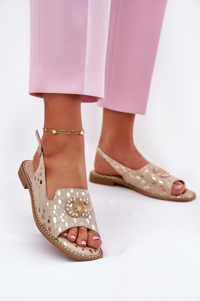 Kožené Sandály S Dekorací Na Plochém Podpatku S.Barski KV51-096 Zlaté