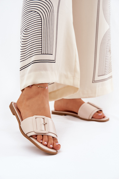 Ploché Dámské Sandály Eko Kožené S Přezkou Béžové Bamma