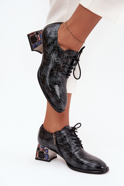 Kožené lakované dámské lodičky na podpatku s krystaly Artiker 57C0072 šedé