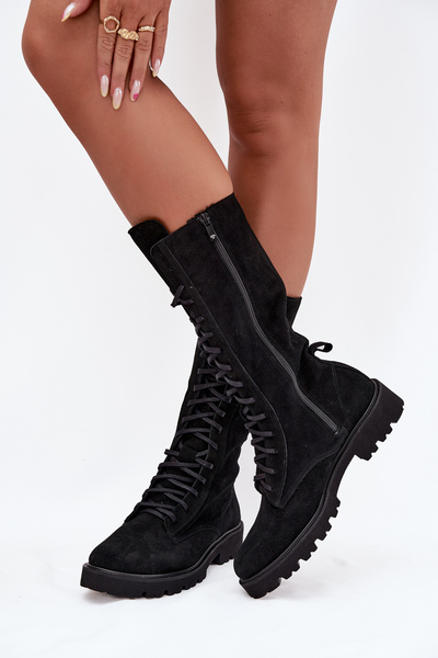 Semišové kotníkové boty se šněrováním do půli lýtka Zazoo 3103 Černé