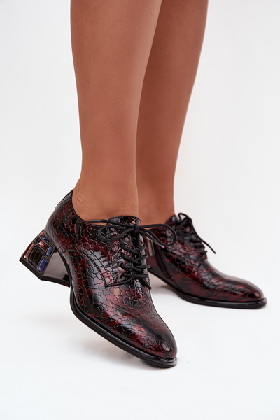 Kožené lakované dámské polobotky na podpatku s krystaly Artiker 57C0073 bordó