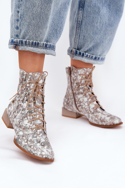 Kožené Vzorované Kotníkové Boty Na Ploché Podpatky Maciejka 06391-25 Béžové