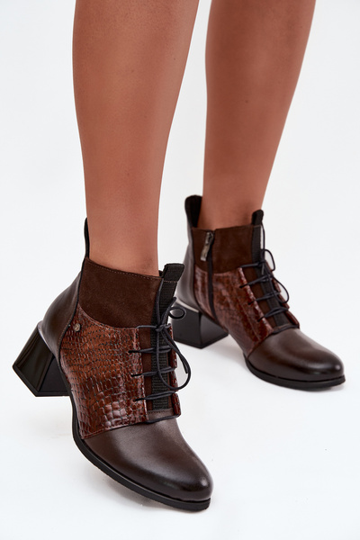 Zazoo 60503 kožené kotníčkové boty na podpatku vyhřívané čokoládové