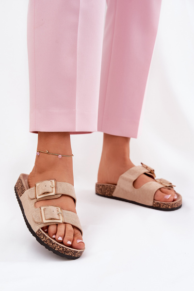 Dámské sandály s přezkami na korkové podrážce béžové Sercele