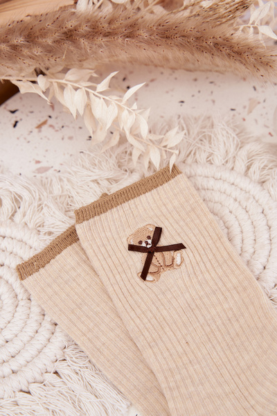 Bavlněné ponožky pruhované s medvídkem Béžové