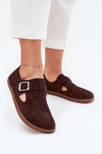 Semišové polobotky barefoot dámské s přezkou Zazoo N1261 čokoládové