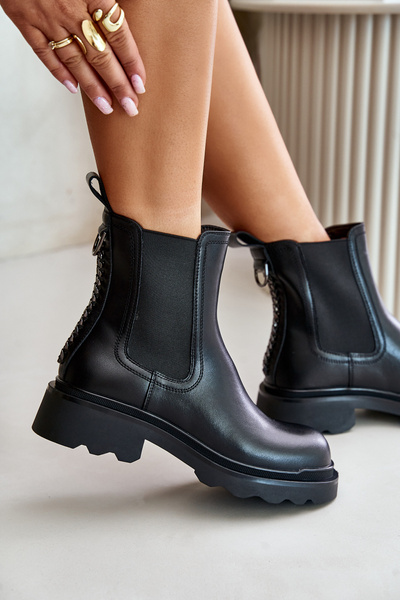 Kožené Botky Chelsea S Dekorativním Řetězem Zateplené D&A JC42-86 Černé