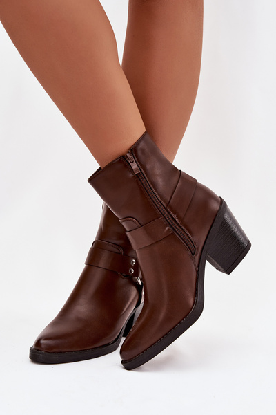 Zateplené dámské kotníkové boty na podpatku s ozdobným prvkem hnědé Jurelle