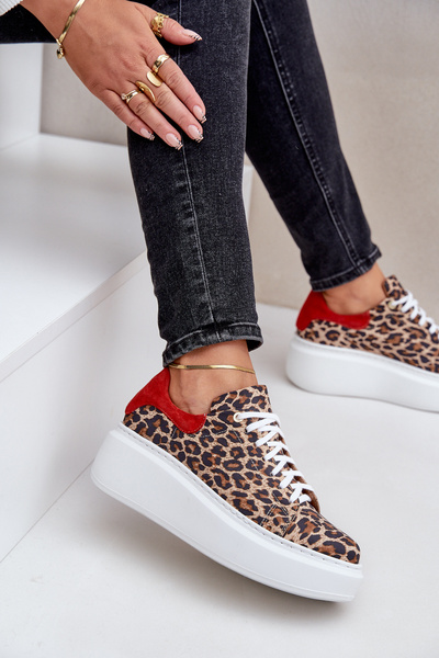 Kožené sneakerky na platformě s leopardím vzorem Zazoo 3346 hnědo-červené