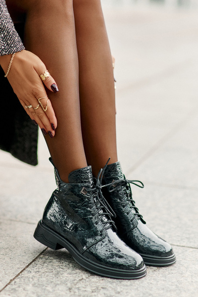 Kožené Lakované Boty Dámské Zateplené Na Zip D&A LZ42-042 Tmavozelené