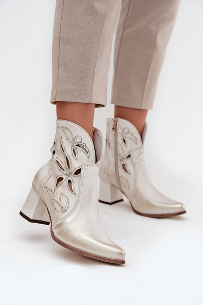 Kožené Prolamované Dámské Kotníkové Boty Na Podpatku Zazoo 3647 Zlatý Opotřebovaný