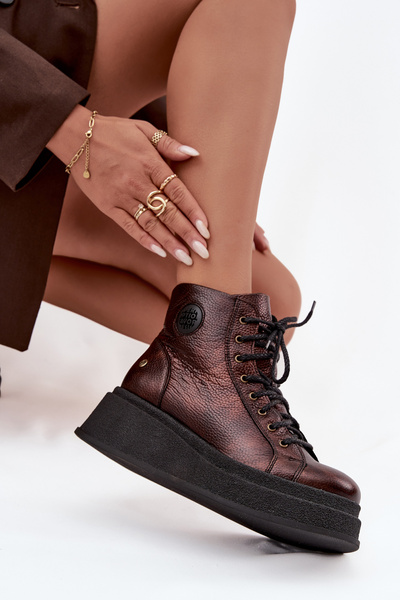 Kožené kotníčkové boty na masivní platformě Maciejka 06309-32 metalický hnědý