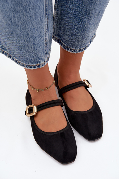 Baleríny s páskem a zlatým sponou Eko semišové Černé Adelora