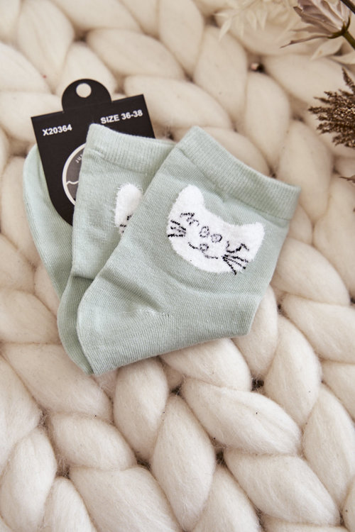 Dámské Bavlněné Ponožky S Kočkou Zelene