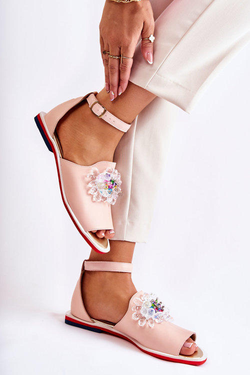 Dámské kožené sandály s zdobením Světle růžová Nevassa