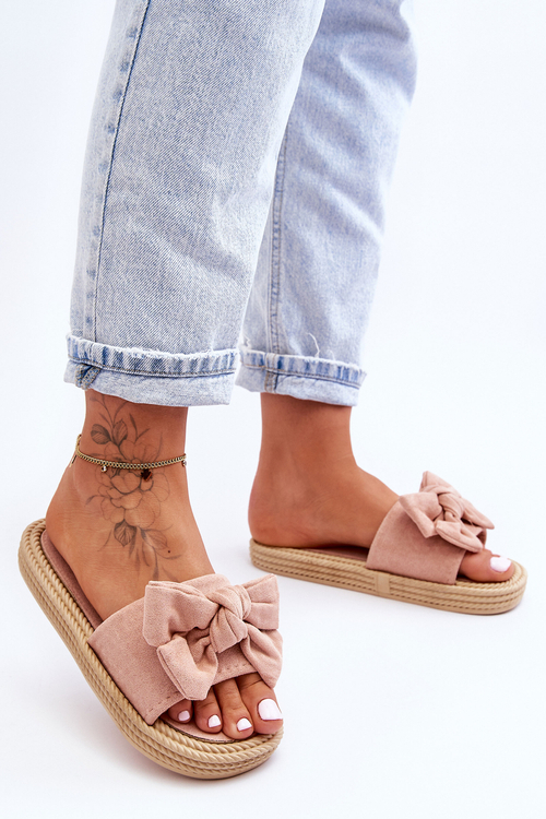 Dámské semišové pantofle s mašlí Růžove Fency
