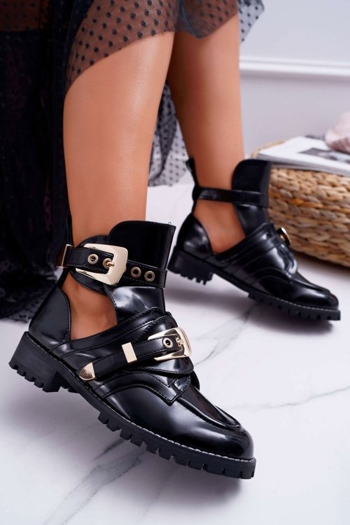 Lu Boo Lakované kotníkové boty s výřezy Rock Girl černé