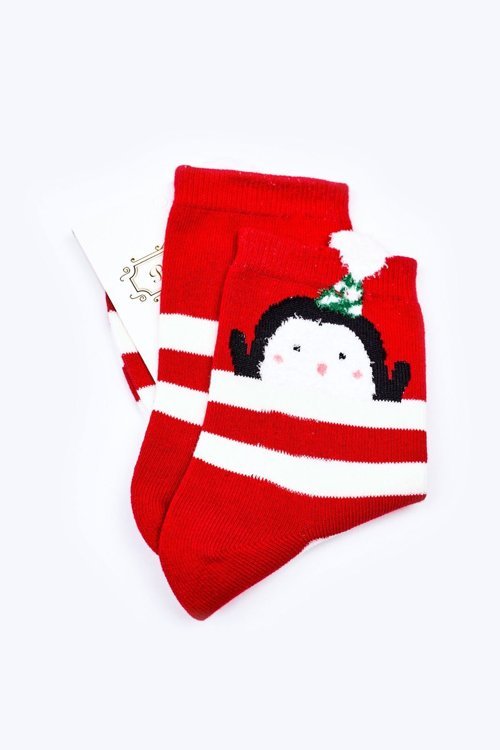 Vánoční Bavlněné Pruhované Ponožky S Tučňákem červené