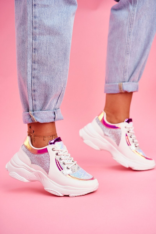 Dámske športové trblietavé topánky biele vebi