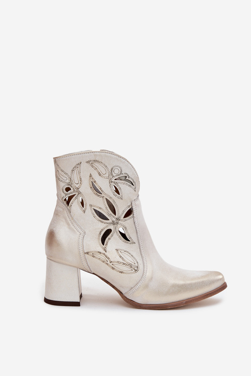 Kožené Prolamované Dámské Kotníkové Boty Na Podpatku Zazoo 3647 Zlatý Opotřebovaný