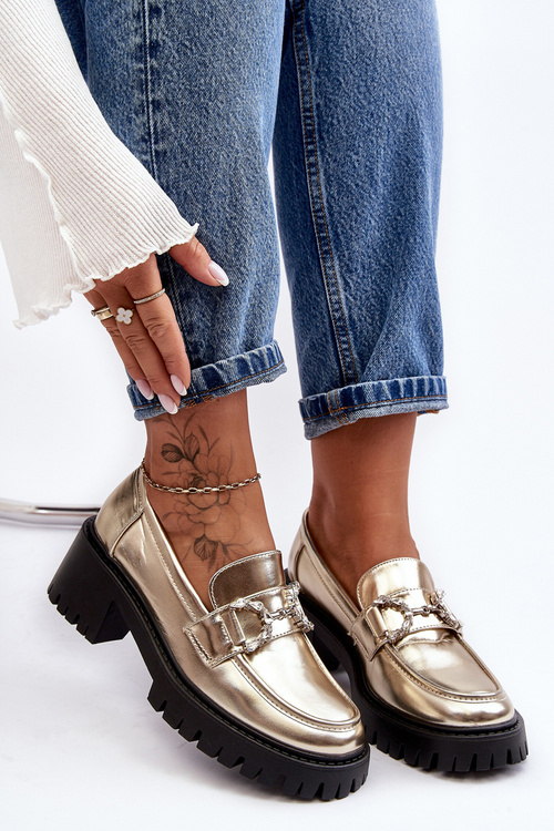 Dámské kožené polobotky na masivním podpatku zlaté Lemmitty