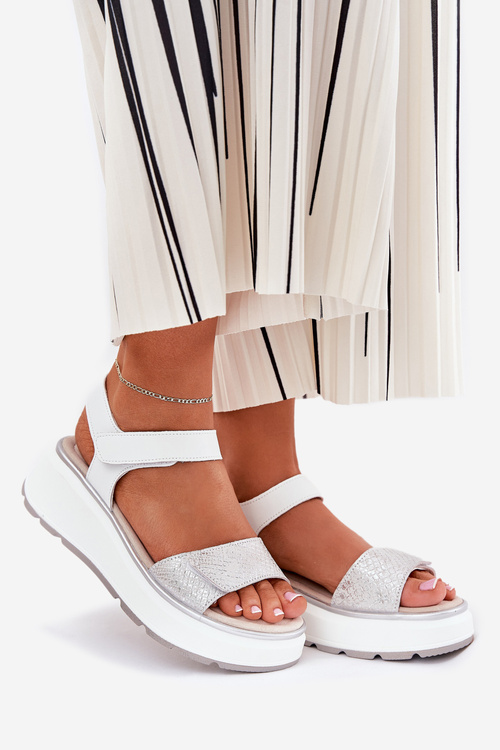 Dámské Kožené Sandály Na Platformě A Klínu Na Suchý Zip S.Barski LR51-543 Stříbrné