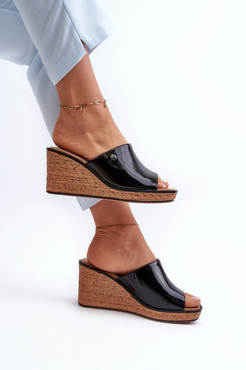 Dámské lakované klínové sandály Sergio Leone KL213 Černé