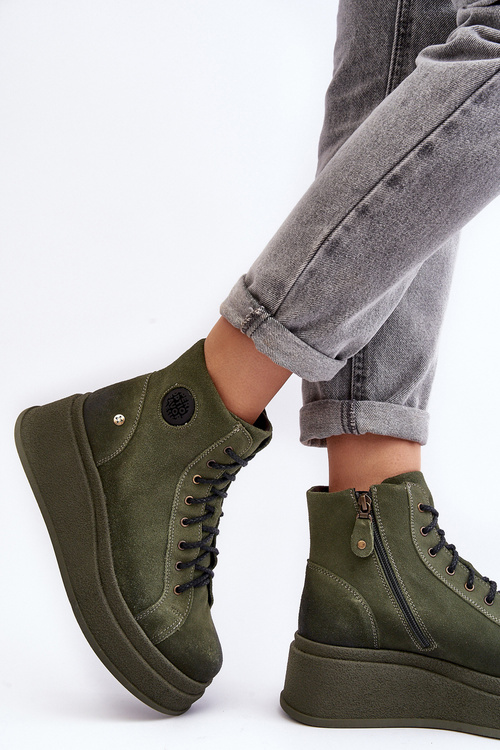Suede topánky na masívnej platforme Maciejka 06309-24 Olive