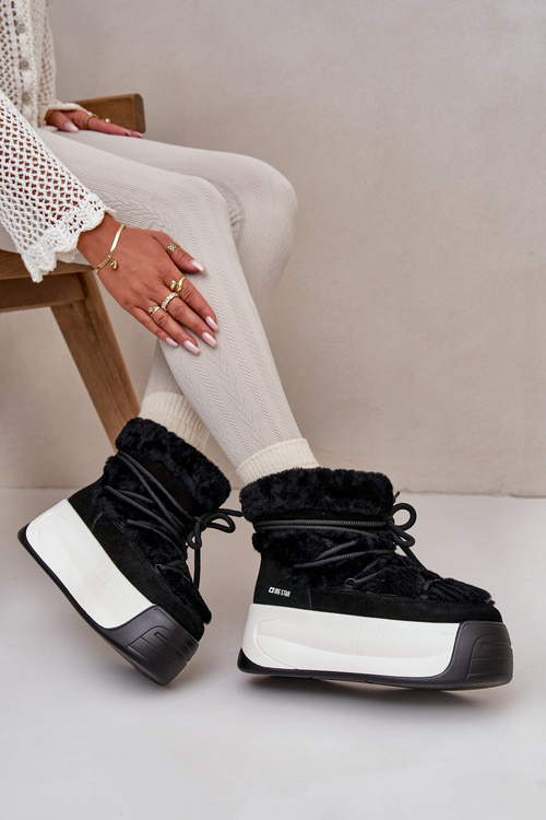 Dámske Kožené Snehové Čižmy Na Hrubej Podrážke S Kožušinou Big Star OO274A206 Čierne