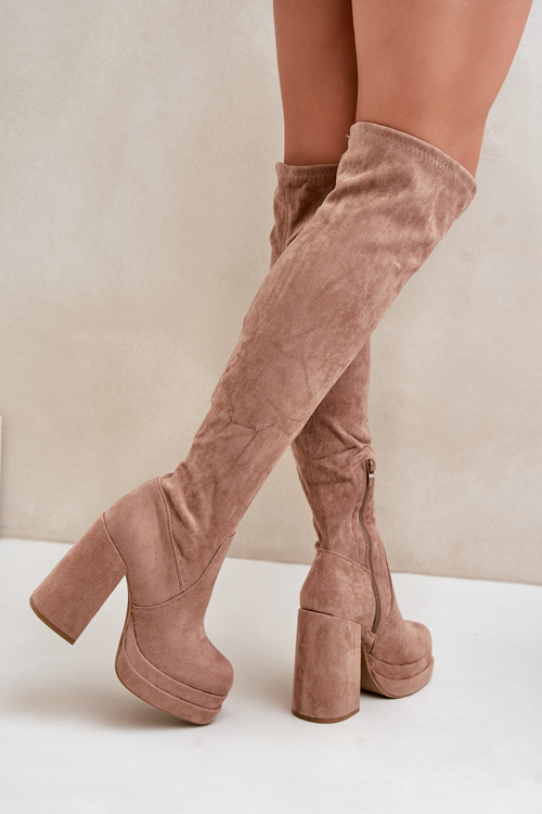 Kozačky S Návrhem Nad Koleno Na Podpatku A Platformě Béžové Nadelian