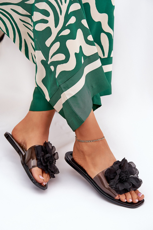 Průhledné Ploché Pantofle Dámské Se Umělou Květinou Černé Vobetta