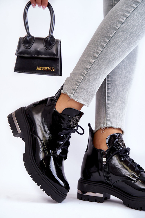 Zazoo 60309 Dámské Lakované Botky Na Plochém Podpatku Černé