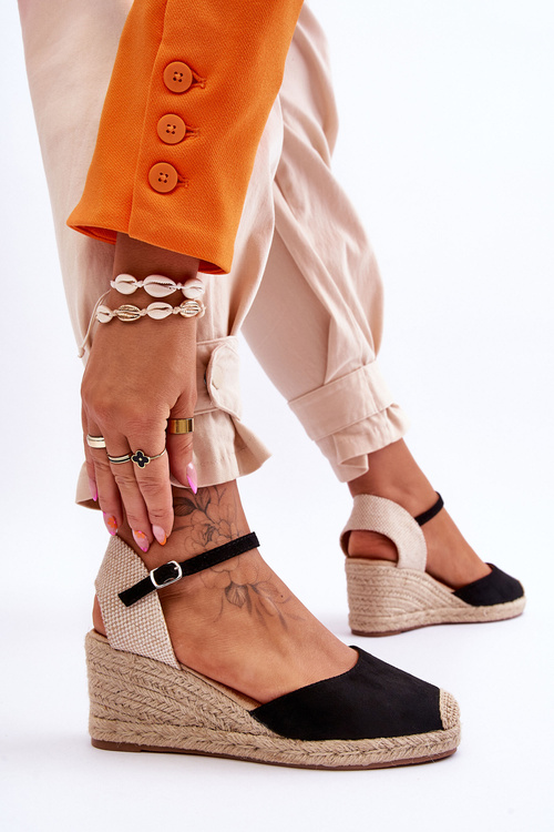 Suede Espadrilky sandály na klínu Černá Cammer