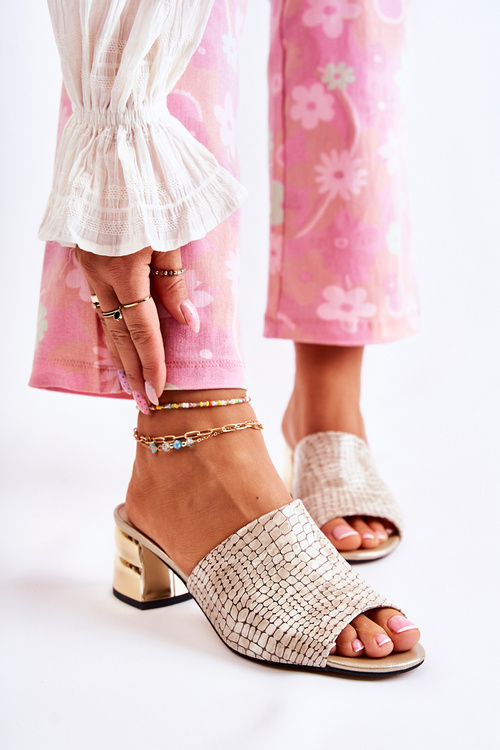 Kožené Dámské Pantofle Krokodýlí vzor Na Podpatku béžove Perry