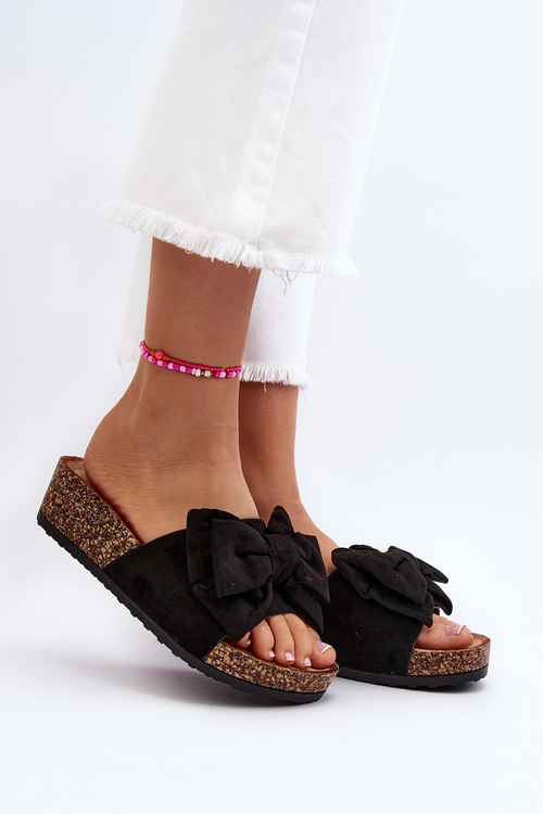 Dámské žabky na korkové platformě s mašlí černé Tarena