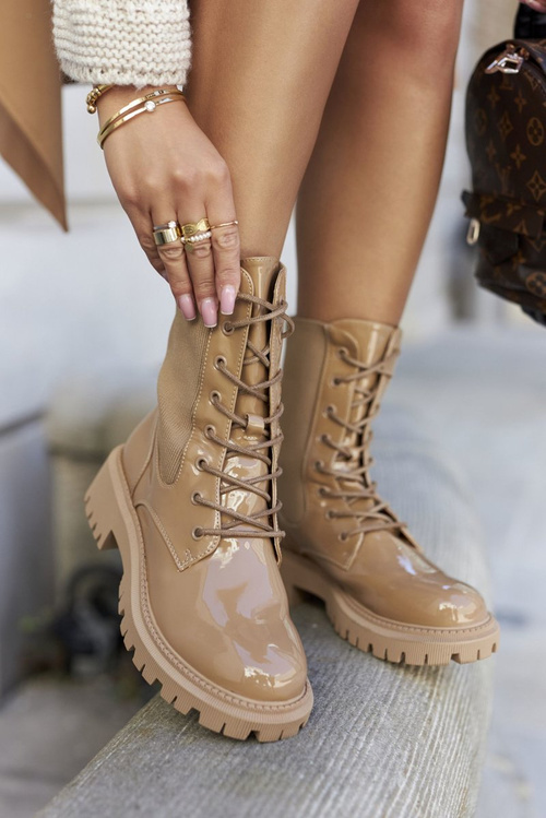 Dámské Kotníkové Ploché Workery Lakované Boty Khaki Maxine