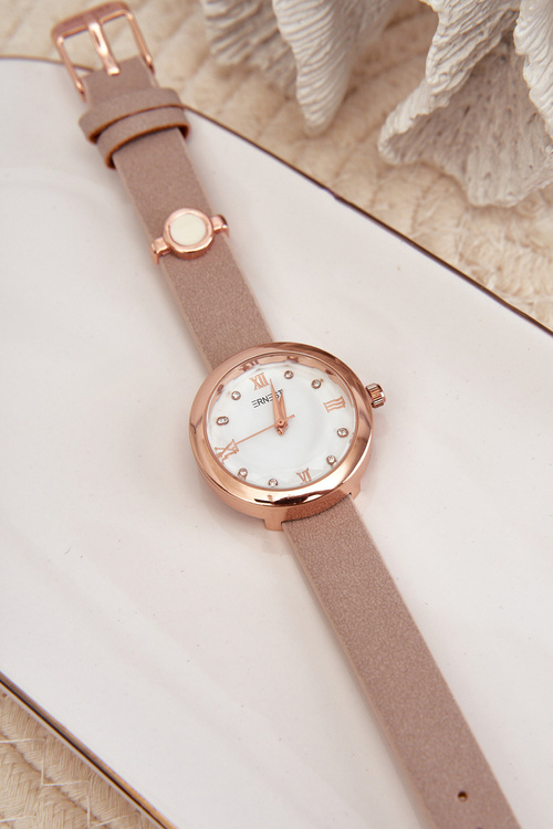 Dámské hodinky na tenkém ekologickém kůži páska béžový Ernest E62146