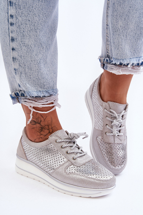 Kožené sportovní boty s perforací S.Barski AL22246 stříbrné