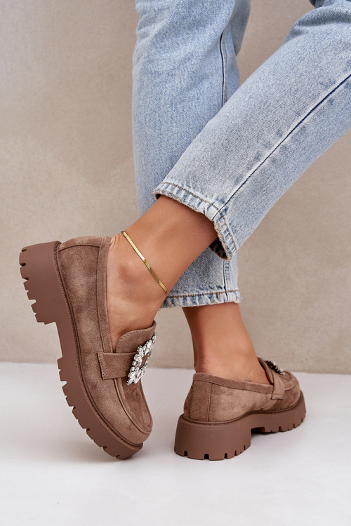 Eko Semišové Dámske Mokasíny S Ozdobnou Brošňou Tmavo Béžové Valiana