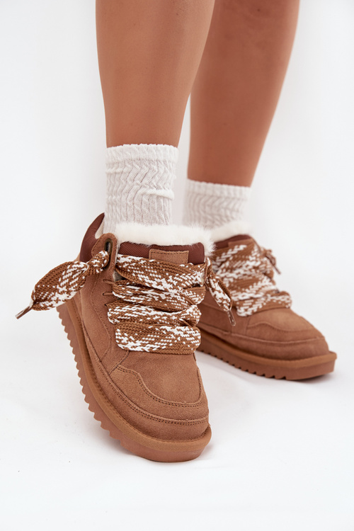 Semišové zimní boty pro ženy s kožešinou a silnými šněrováním Vinceza 97963 Camel