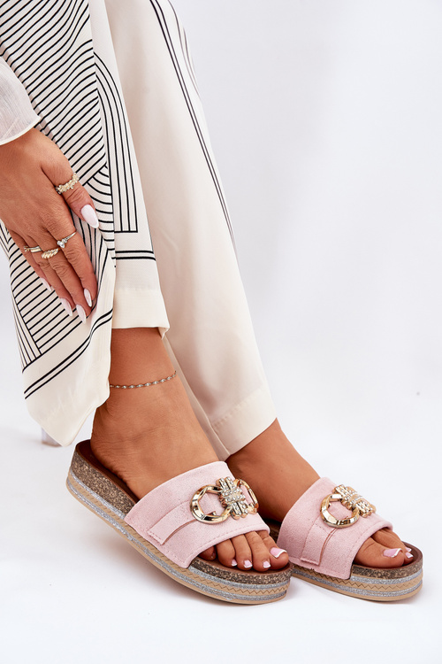 Dámské Pantofle Na Platformě S Třpytkami A Zlatou Ozdobou Růžové Rilirea