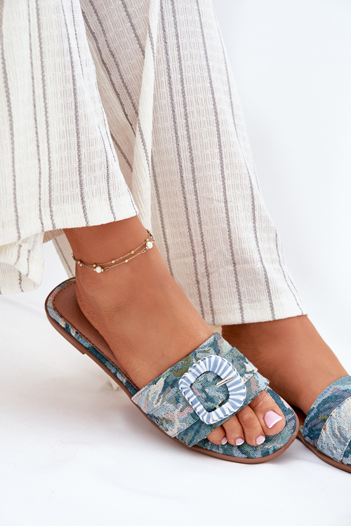 Ploché Dámske Sandále S Ozdobnou Sponou Modré Clariola