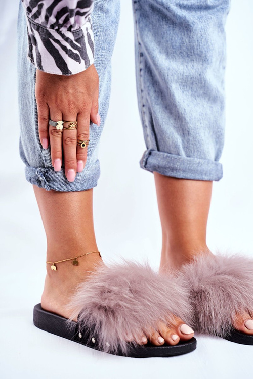 Ženské žabky s prírodným kožušinovým svetlo šedým bushidom