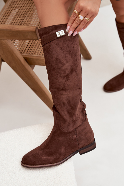 Zateplené dámske členkové čižmy na nízkom podpätku s remienkom a strieborným detailom Hnedé Geraline