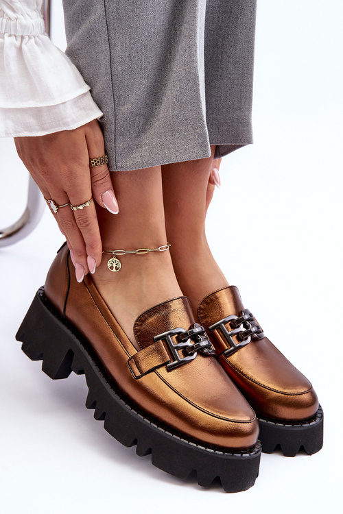 Dámské kožené polobotky Loafersy s ozdobou zlatou Lyndani